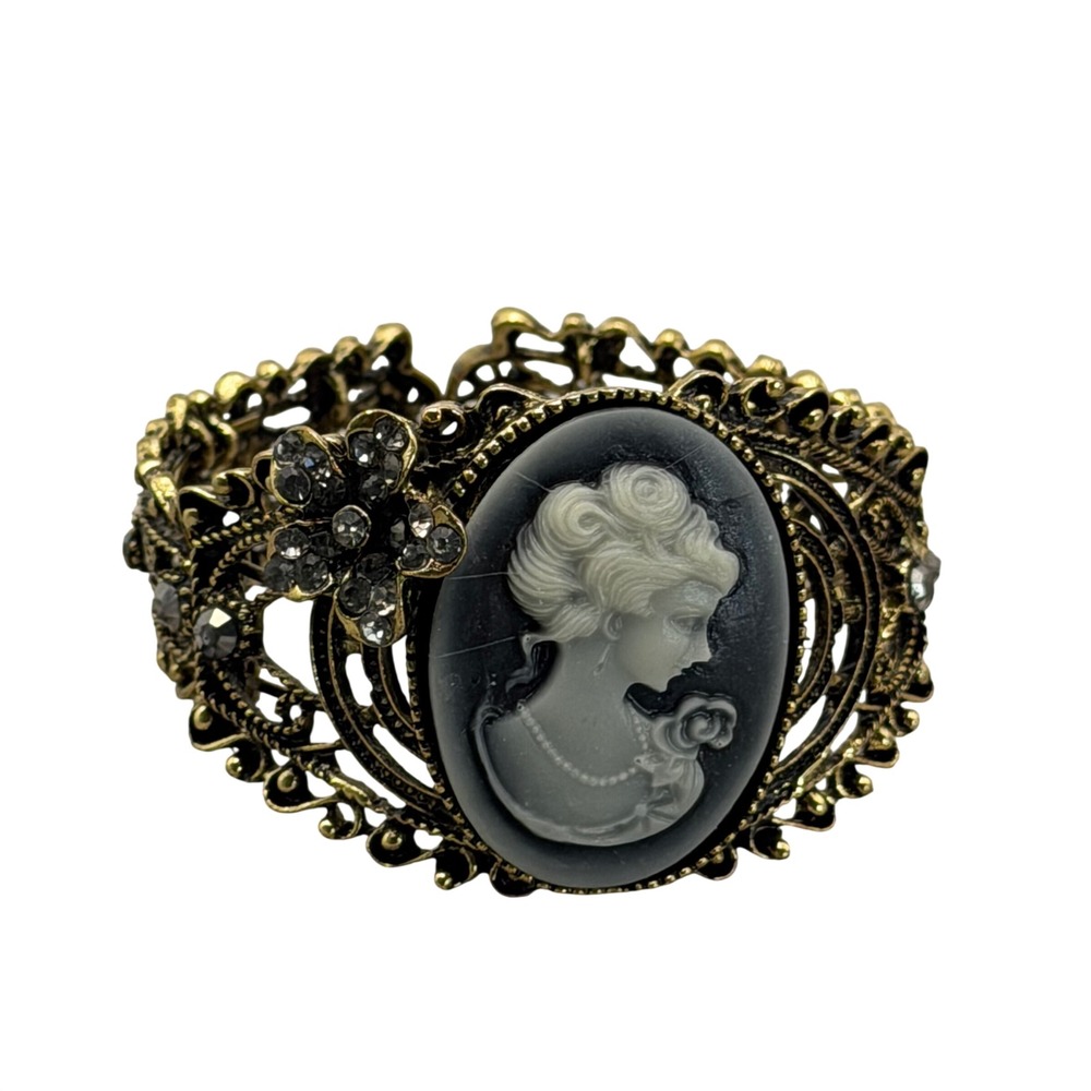 Vintage Victorian Revival Cameo Clamper Bracelet Rhinestone Gold Tone Filigree